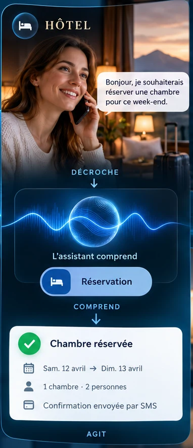 Hôtel : la cliente demande une chambre pour le week-end, l'assistant comprend « réservation » et confirme la chambre, avec SMS de confirmation