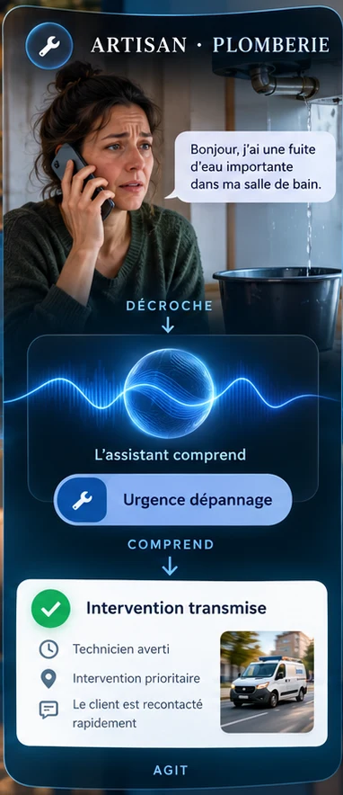Plomberie : une cliente signale une fuite d'eau, l'assistant comprend « urgence dépannage » et transmet l'intervention au technicien