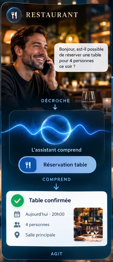 Restaurant : le client demande une table pour 4 ce soir, l'assistant comprend « réservation table » et confirme pour 20 h